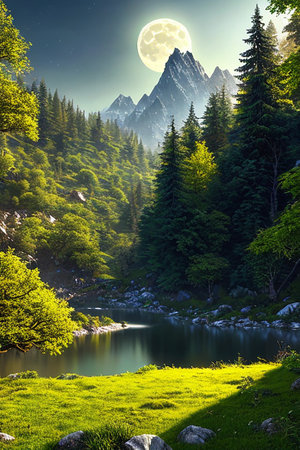 mountain lake at night in european forest. beautiful nature sceneryの素材