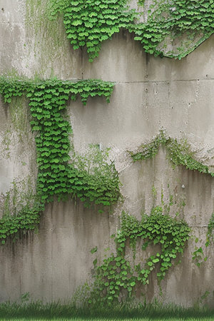Green Creeper Plant on Gray Concrete Wall - 3D Renderingの素材