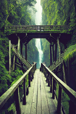 Wooden bridge leading to waterfall in deep forest. Toned.の素材