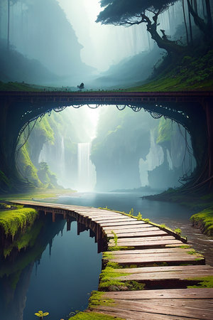Fantasy landscape with wooden bridge in foggy forest. 3d renderingの素材
