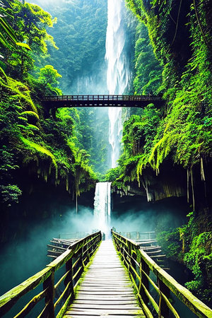 Beautiful waterfall in the deep forest of Bali island, Indonesiaの素材