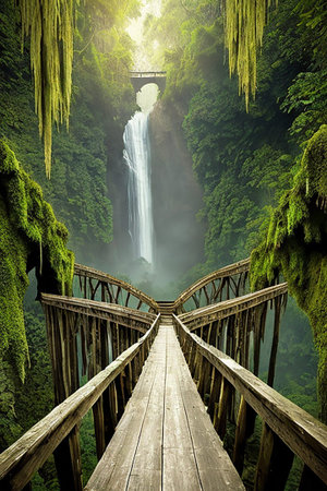 Wooden bridge leading to the waterfall in the rainforest of Hawaiiの素材