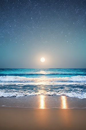 Beautiful night sky over the sea with stars and starry skyの素材