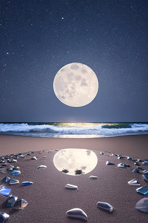 Moon over the sea with stones and starry sky. 3d renderingの素材