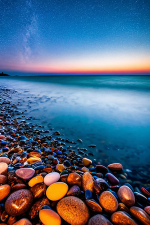 Beautiful seascape with starry sky and colorful stones on the beachの素材