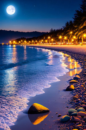 Beach at night in full moon light. Long exposure photography.の素材