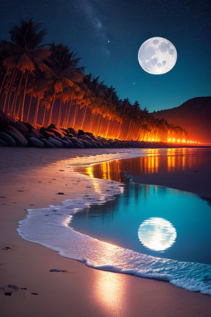 Beautiful tropical beach at night with full moon and palm trees.の素材