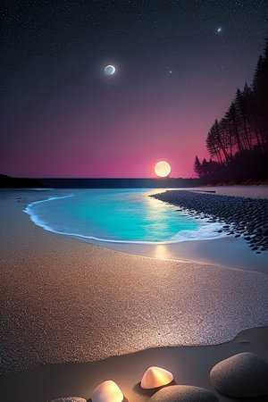 Beautiful night landscape with moon and stars over the sea. 3d renderingの素材