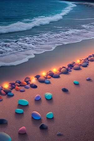 Colorful pebble stones on the seashore at sunsetの素材