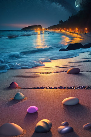 Fantastic view of a beach at night. Colorful stones on the sand.の素材
