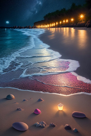 Beautiful night view of seashore with lanterns and stonesの素材