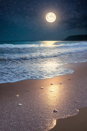 Full moon over the sea and sand beach at night. Nature composition.の素材