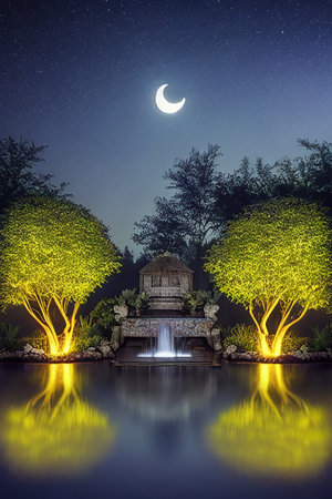 Luxury garden with a fountain at night in the moonlightの写真素材