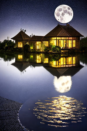 Beautiful house at night with full moon and reflection in the lakeの写真素材