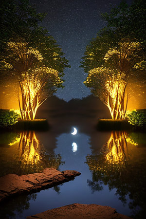 Night landscape with tree and moon, 3d rendering. Computer digital drawing.