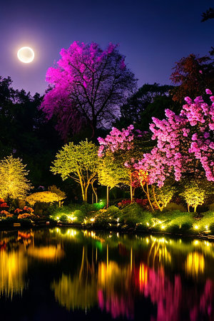 Full moon over Japanese garden with cherry blossoms and lake at night