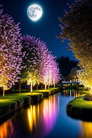 Beautiful night view of blooming sakura tree in the garden.