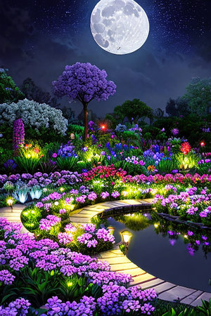 Beautiful night view of blooming garden with pond and full moonの写真素材
