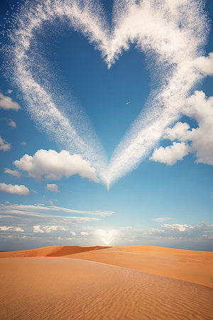 Dunes in the shape of heart with blue sky and white cloudsの写真素材