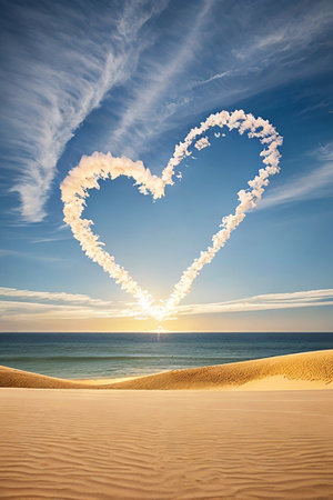 Heart shaped clouds in the sand on the beach at sunset. Love concept.の写真素材