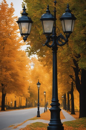 Lamppost in the autumn park. Beautiful alley with lanterns.の素材