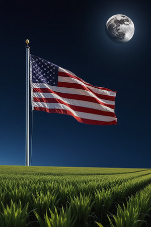 American flag on green field and blue sky with moon. 3D renderingの素材