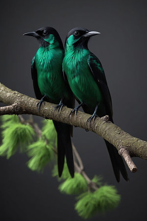 Couple of Green Starling (Nymphalidae) on a branchの素材