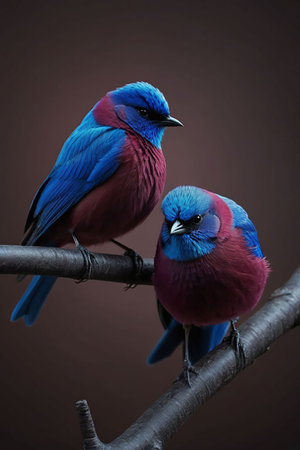 Colorful birds on a branch on a brown background. Close-up.の素材