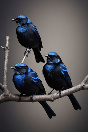 Group of blue birds sitting on a branch over dark gray background.の素材