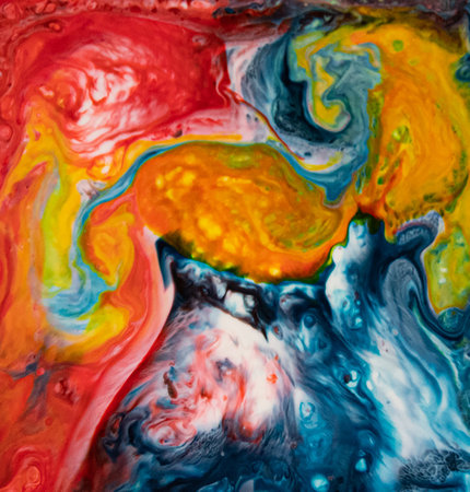 Abstract background of acrylic paint in blue, orange, yellow and red colorsの写真素材