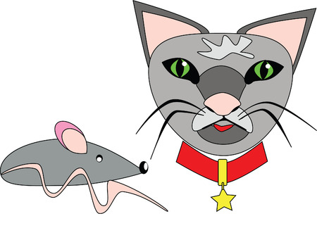 illustration of a cat with red collar and a mouseのイラスト素材