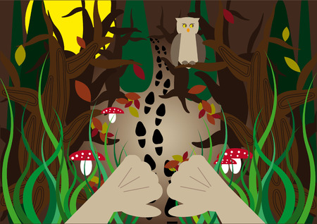 hidden human foot prints in the middle of a autumn forestのイラスト素材