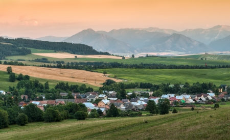 nature landscape with woods and mountains, view towards low tatra mountains  poludnica, demanovska mount の写真素材