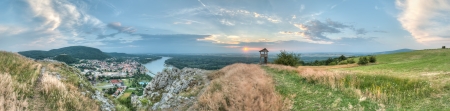 panorama of rhe small town and country from the hill, Hainburg, Austriaの写真素材