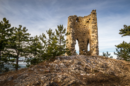 Ruins of a Castle on a Rockface in Gleissenfeld, Austria, Located in Nature Park Seebenstein-Turkensturz の写真素材