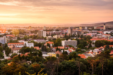Buildings of City of Nitra from Above at Sunset with Trees in Foreground