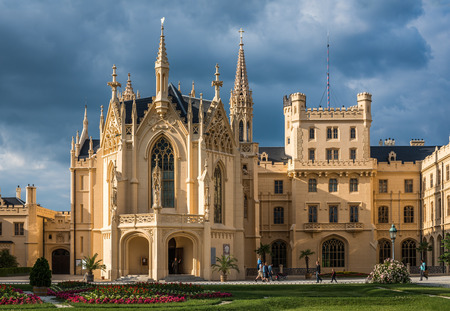 LEDNICE, CZECH REPUBLIC - JUNE 17, 2015 - Front View of Lednice Castle at Sunset on June 17, 2015 in Lednice, South Moravia, Czech Republicのeditorial素材