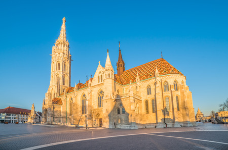 Sunlit Roman Catholic Matthias Church in Early Morning in Budapest, Hungaryの写真素材