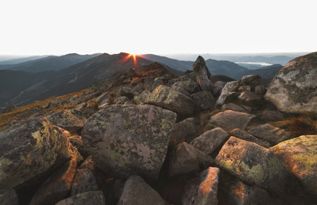 Sunset over Rocky Mountains. On the Top of Mount Dumbier, Low Tatras, Slovakia.の写真素材
