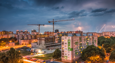 Lightnings  Over Housing Estate. Storm in the City.の写真素材