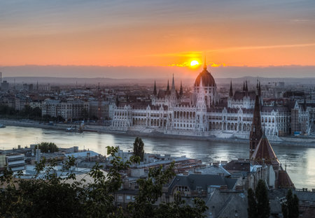 Hungarian Parliament Building in Budapest, Hungary at Sunriseの写真素材