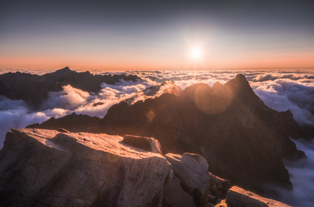 Mountains Landscape with Inversion in the Valley at Sunset as seen From Rysy Peak in High Tatras, Slovakiaの写真素材