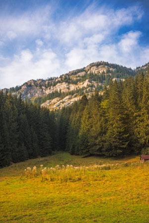 Autumn Landscape with Cloudy Sky, Meadow, Forest and Rocky Ohniste Hill in Slovakia