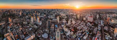 Wide Panoramic View of Bangkok, Thailand. Cityscape with Skyscrapers at Sunsetの写真素材