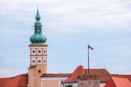 Mikulov Castle Tower Detail and Wavy Czech Flagの写真素材