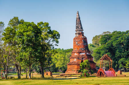Pagoda at Ayutthaya Historical Park on a Sunny Day in Ayutthaya Province, Thailand. Architecture of Old Thai Capital Cityの写真素材