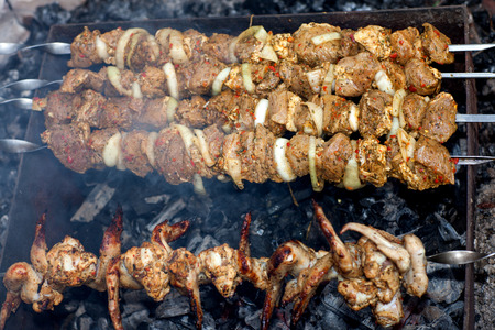 Grilled meat on a spit in natureの写真素材