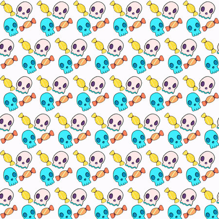 Seamless cartoon illustration of pink and blue skulls with yellow and orange candy and some grit