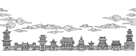 vector banner/header with traditional east asian townのイラスト素材