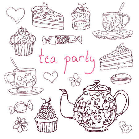 Vintage collection of desserts. Sketches hand-drawn of tea cups, kettle and desserts. Vector illustration.のイラスト素材